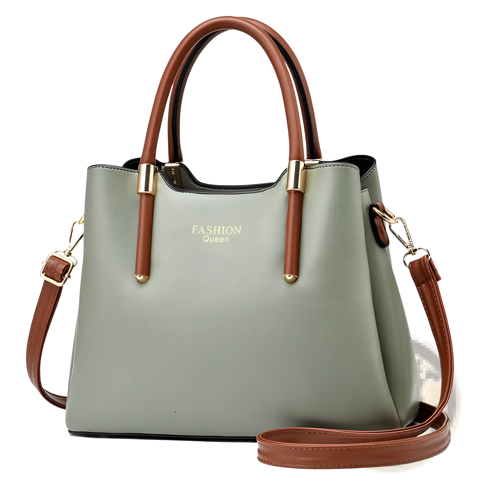 Olive green and brown pu leather shoulder bag with gold-tone hardware and detachable strap for versatile wear
