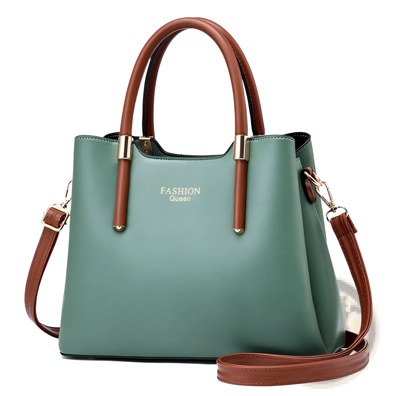 A stylish mint green pu leather shoulder bag with brown leather handles and detachable strap featuring gold hardware