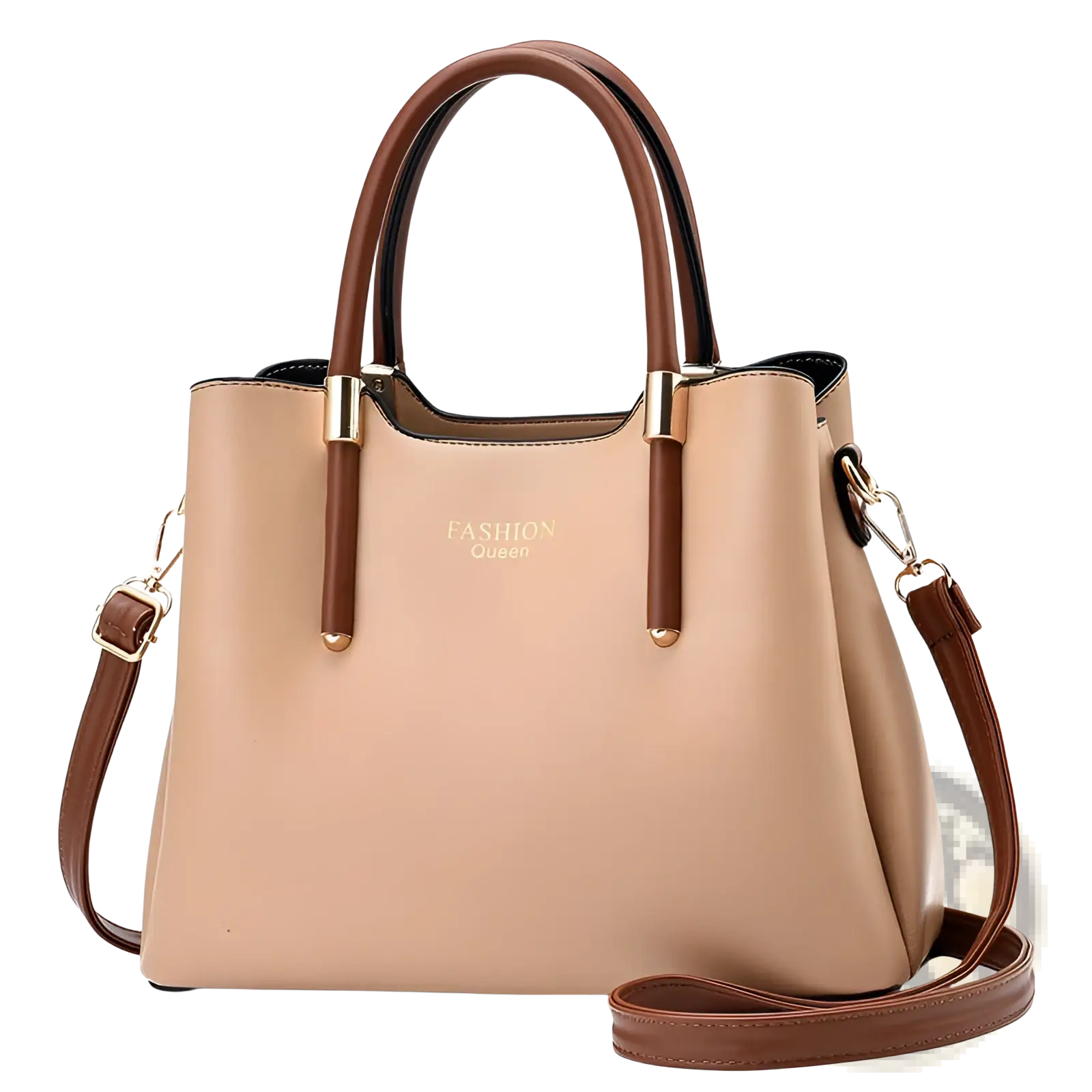 Beige and brown pu leather shoulder bag with detachable strap and gold-tone hardware for versatile use