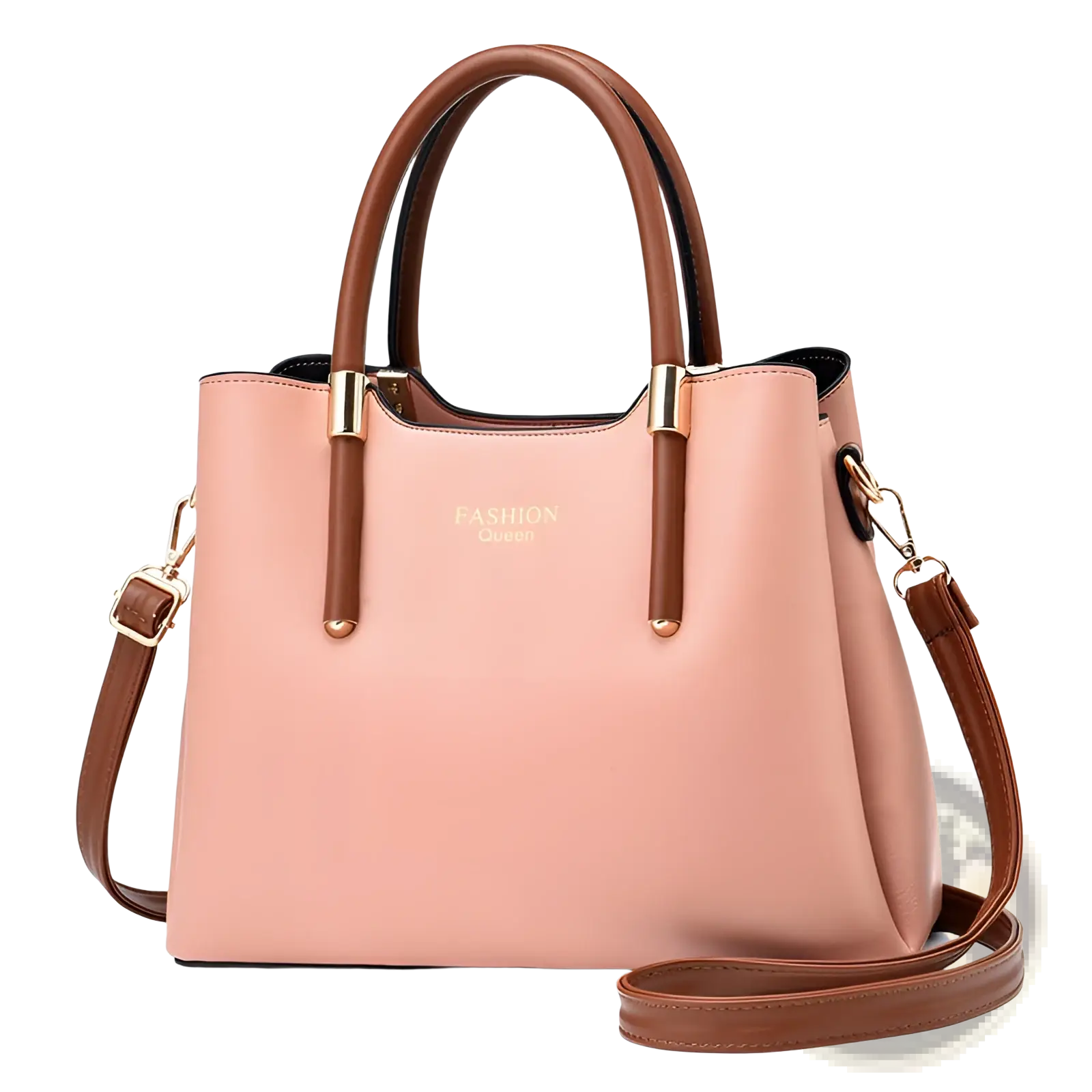 A blush pink and brown pu leather shoulder bag with detachable strap and gold tone hardware for versatile use