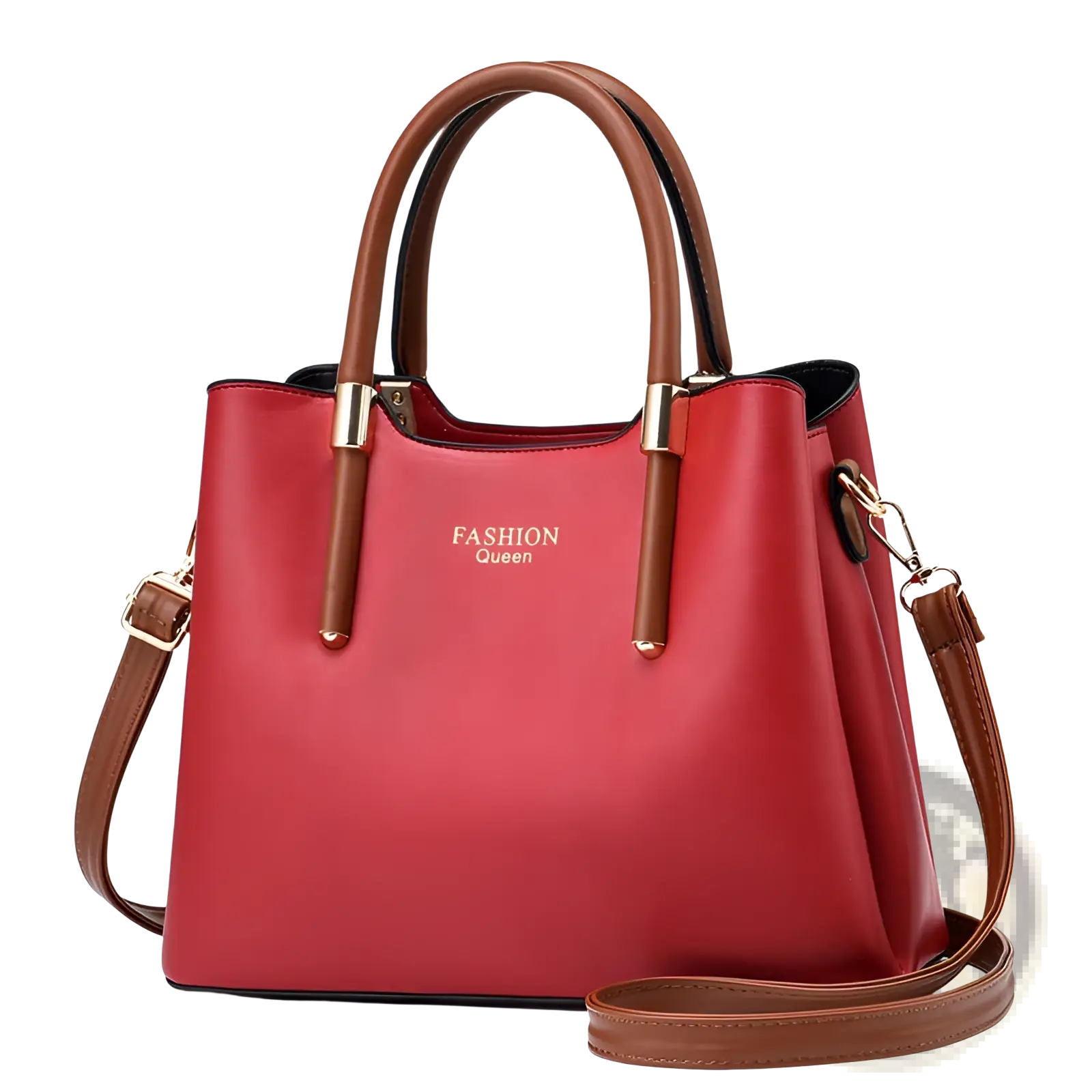 Red and brown pu leather shoulder bag with gold-tone hardware and detachable strap featuring fashion queen logo