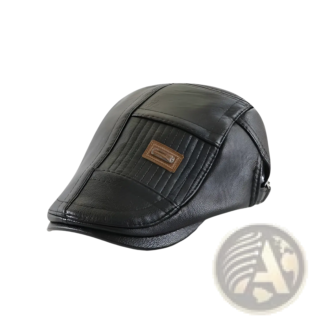Black pu leather two tone flat cap for men with brown rectangular patch on the front