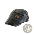 Black pu leather two tone flat cap for men with brown rectangular patch on the front