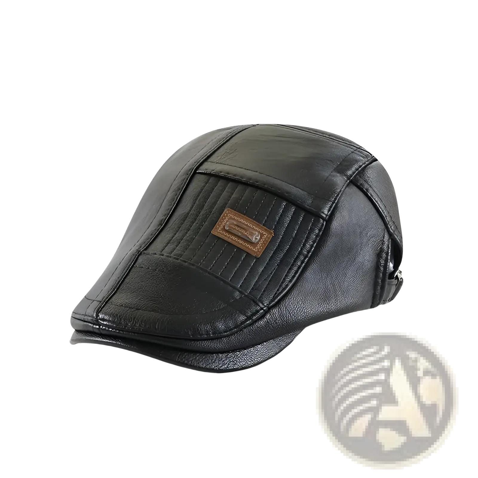Black pu leather two tone flat cap for men with brown rectangular patch on the front