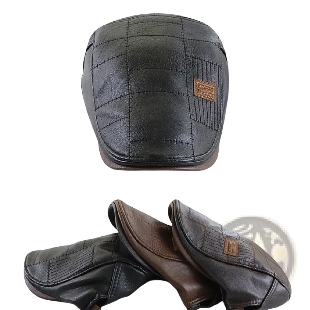 Black leather flat cap with quilted stitching and brown leather patch for men pu leather two tone flat cap
