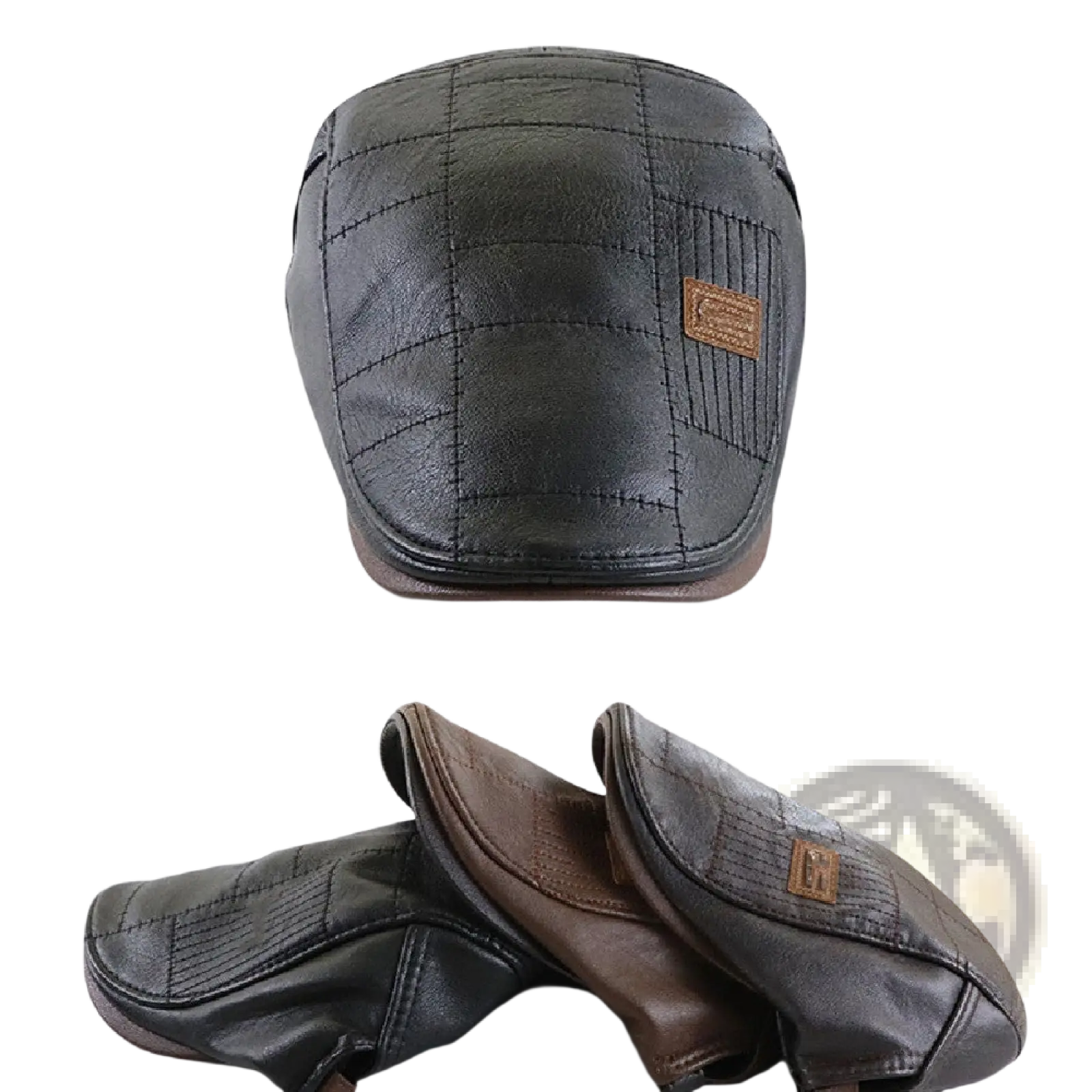 Black leather flat cap with quilted stitching and brown leather patch for men pu leather two tone flat cap