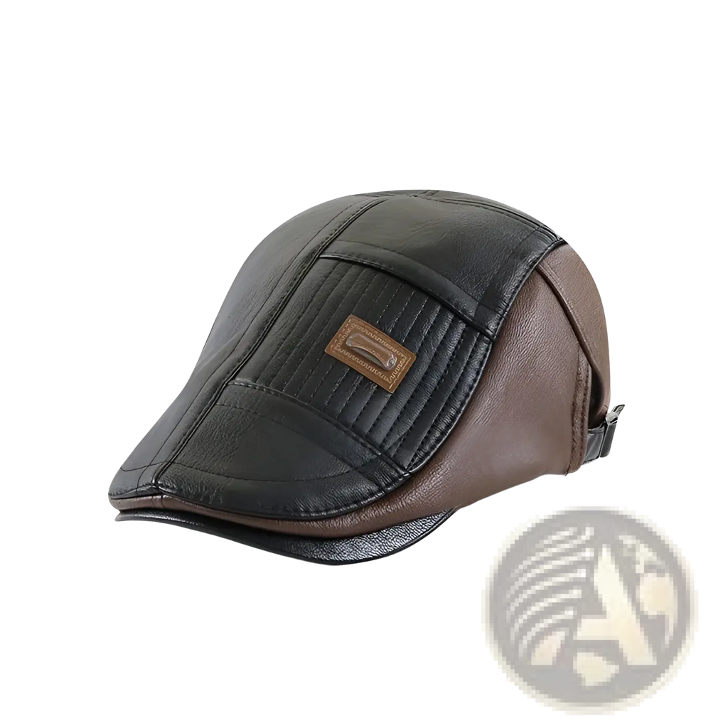 Pu leather two tone flat cap for men featuring brown and black stitched panels with a small rectangular front patch