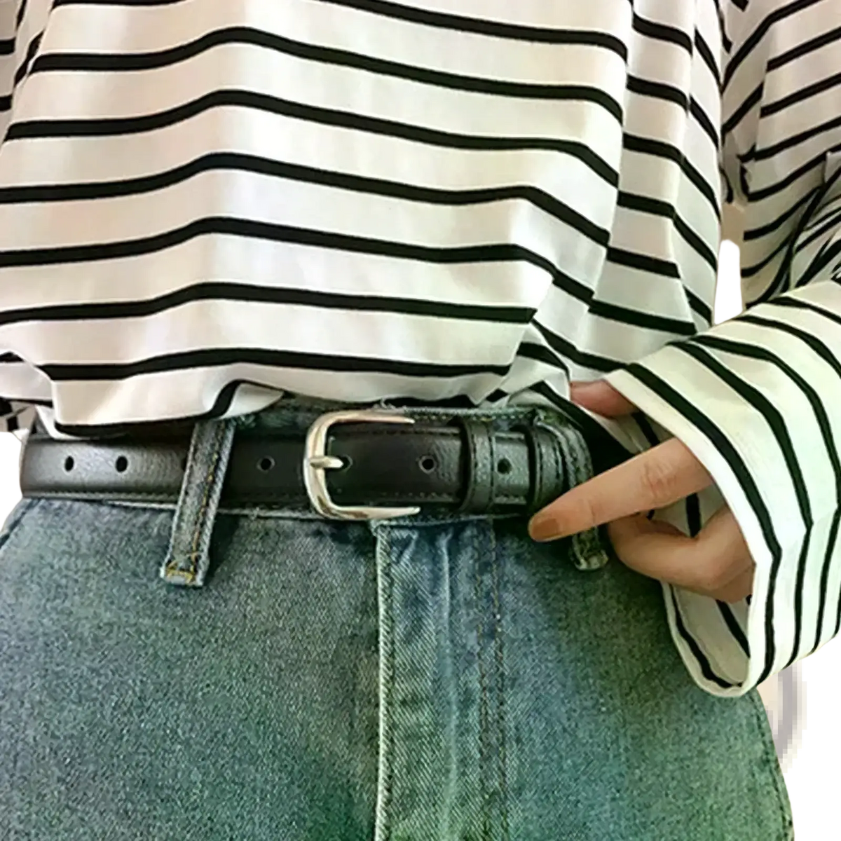 Black pu leather waist belt with silver-toned metal buckle suitable for formal and casual wear