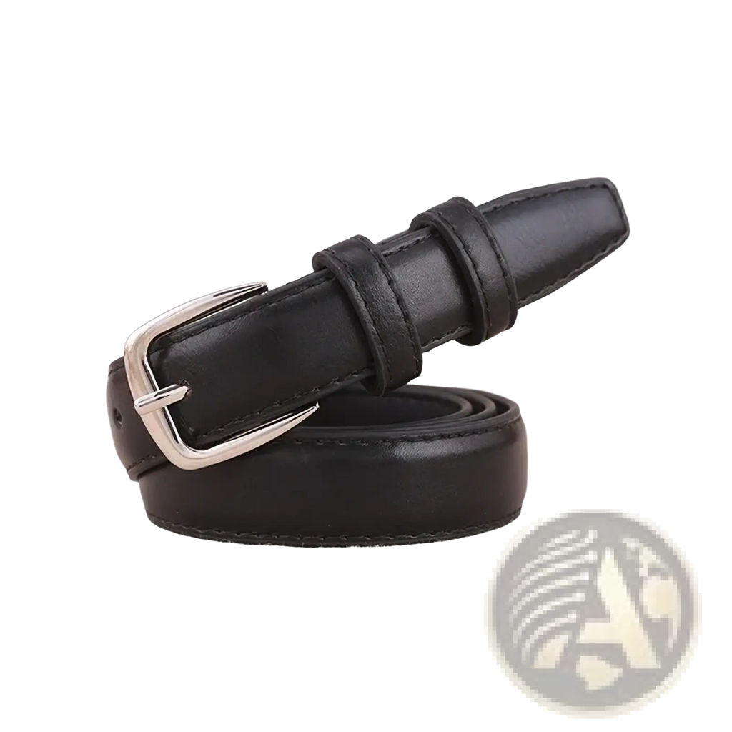Black pu leather waist belt with silver-toned metal buckle for stylish and durable accessory use