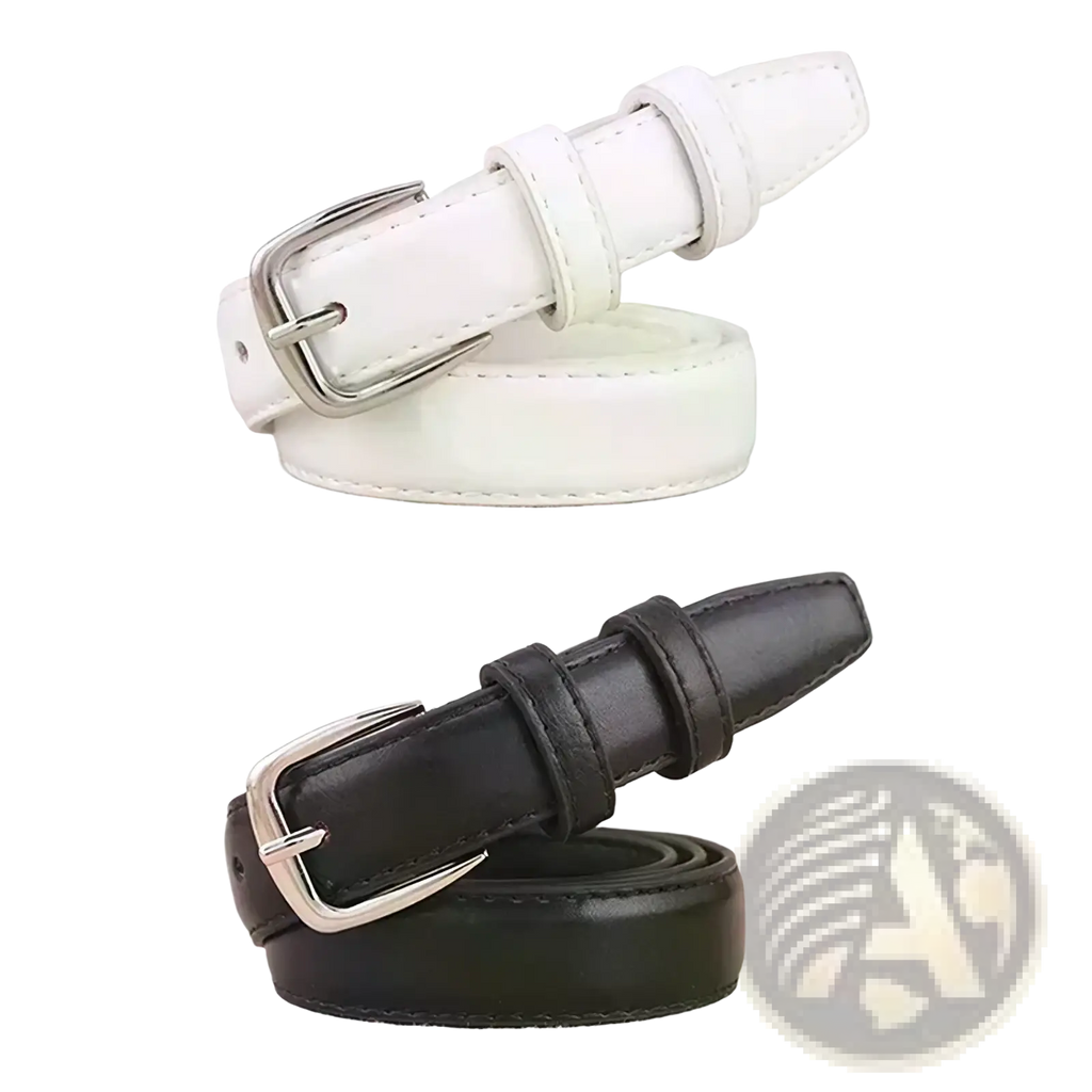 Pu leather waist belts in white and black with silver-toned metal buckles for versatile styling