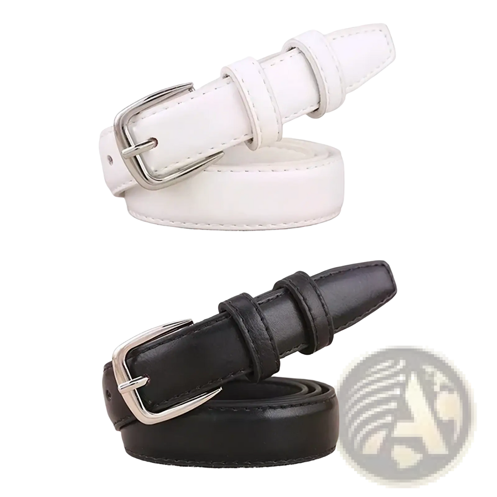 Pu leather waist belts in white and black with silver-toned metal buckles for stylish waist support