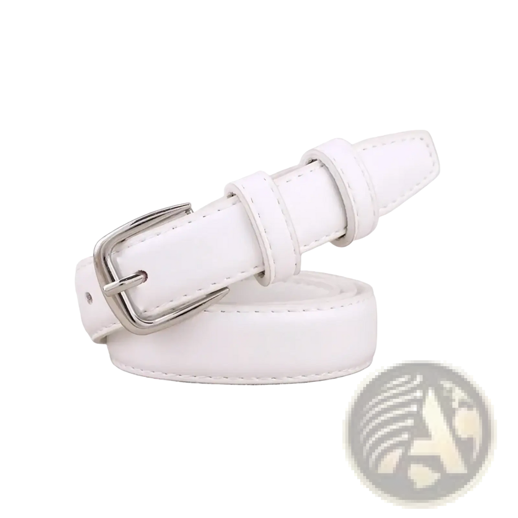 White pu leather waist belt with silver toned metal buckle suitable for stylish casual wear