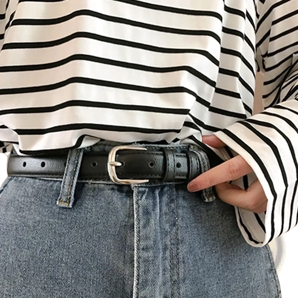 Black pu leather women waist belt with silver toned metal buckle for stylish and functional wear