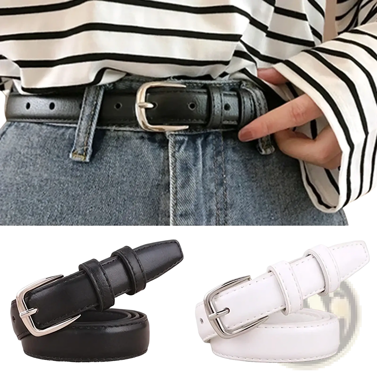 Pu leather women waist belts in black and white with silver-toned metal buckles for stylish waistwear