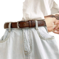 Brown pu leather women waist belt with silver metal buckle and neat stitching featuring evenly spaced holes