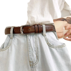 Brown pu leather women waist belt with silver metal buckle and neat stitching featuring evenly spaced holes