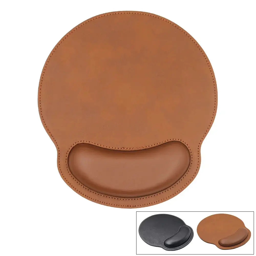 Brown pu leather ergonomic mouse pad with built-in wrist support for comfortable computer use