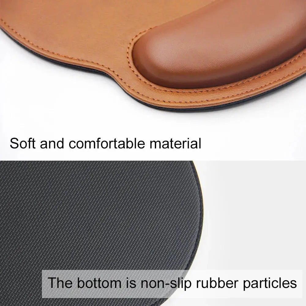 Ergonomic pu leather mouse pad in brown with soft cushioned wrist support and non-slip rubber base for comfort