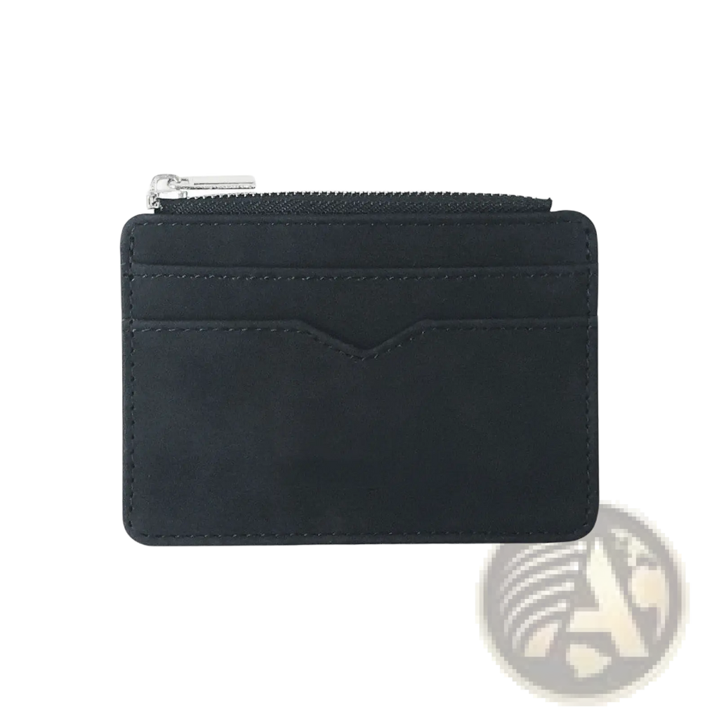 Black pu leather zippered card holder wallet for men with silver zipper and stitched edges