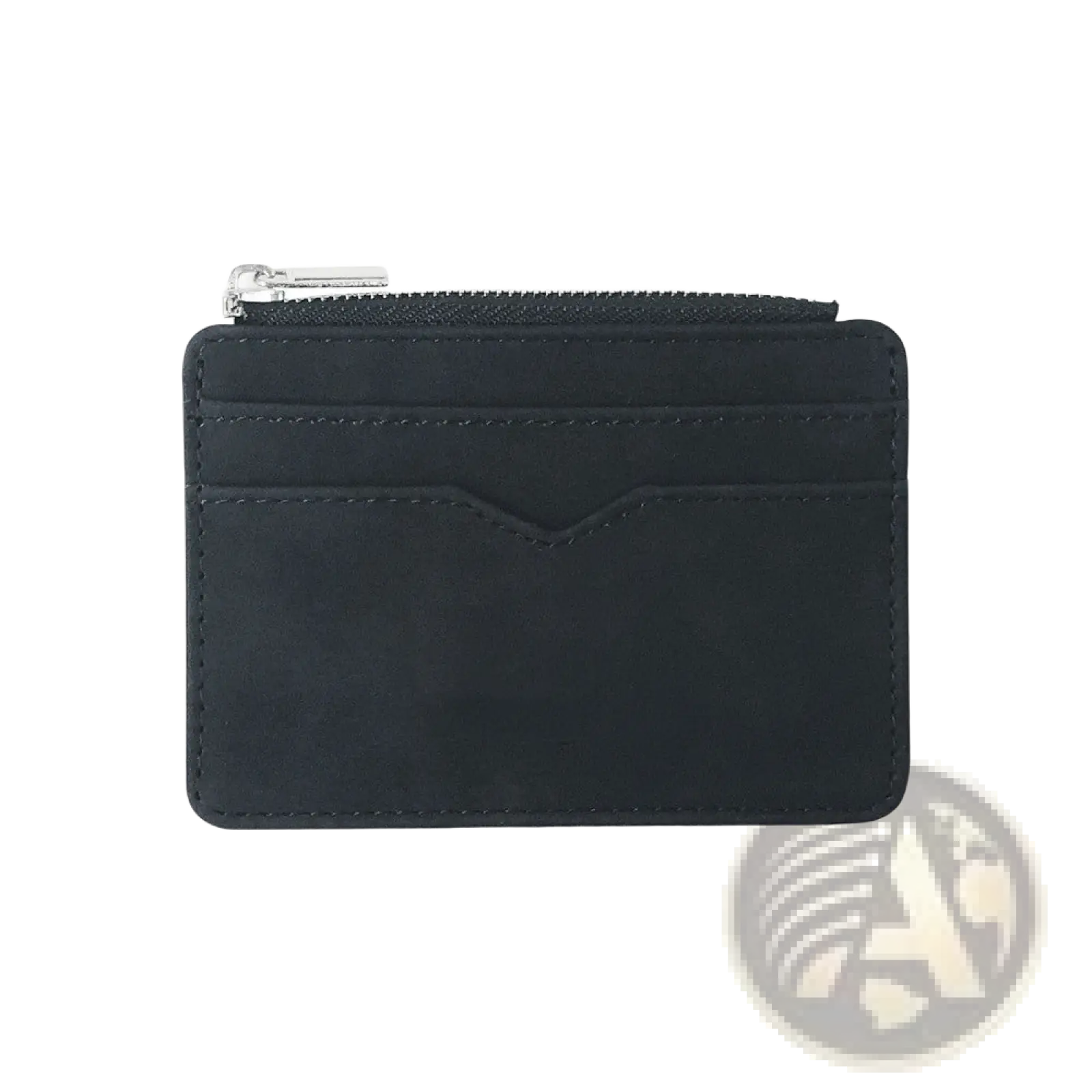 Black pu leather zippered card holder wallet for men with silver zipper and stitched edges
