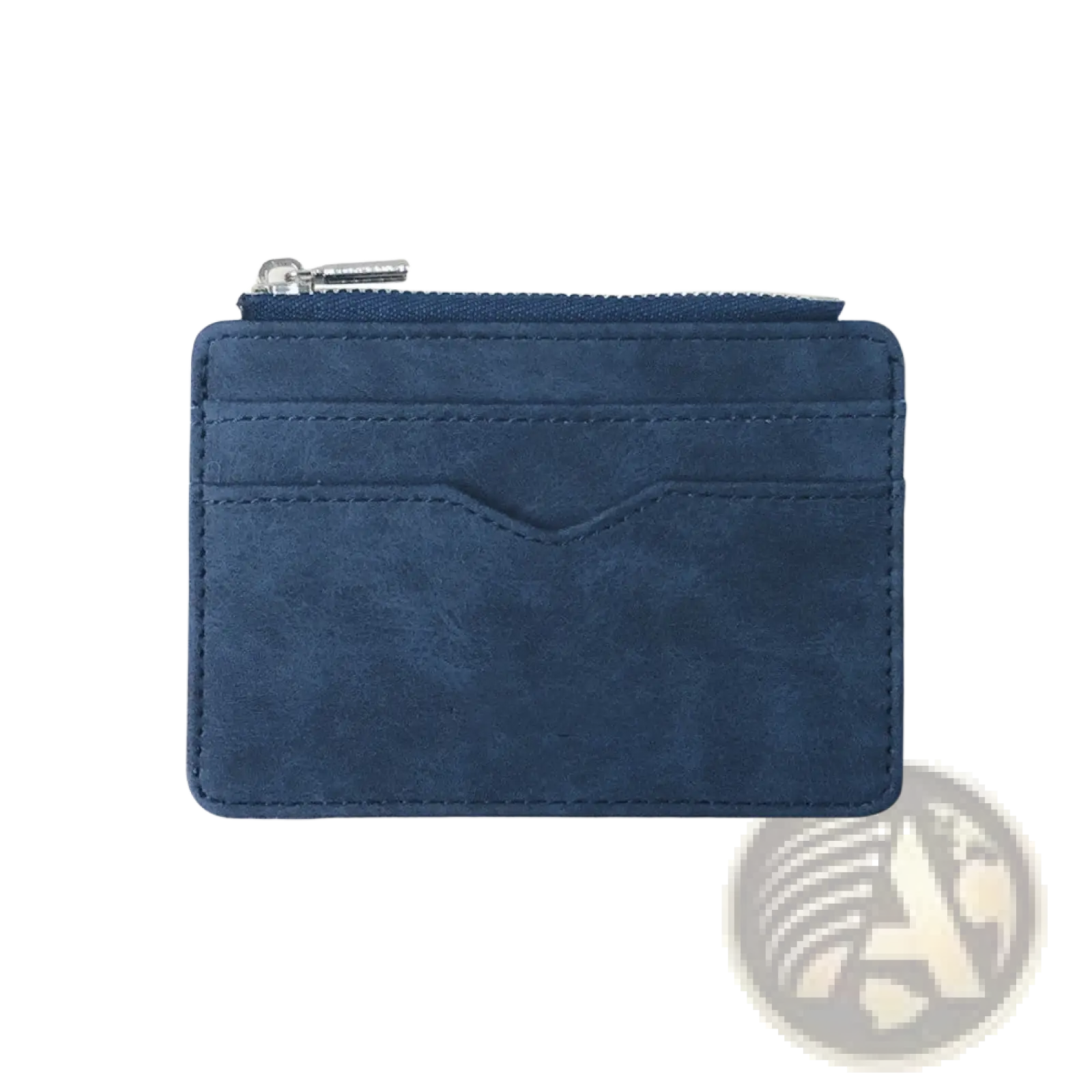 Navy blue pu leather zippered card holder wallet for men with silver zipper pull shown from the back side