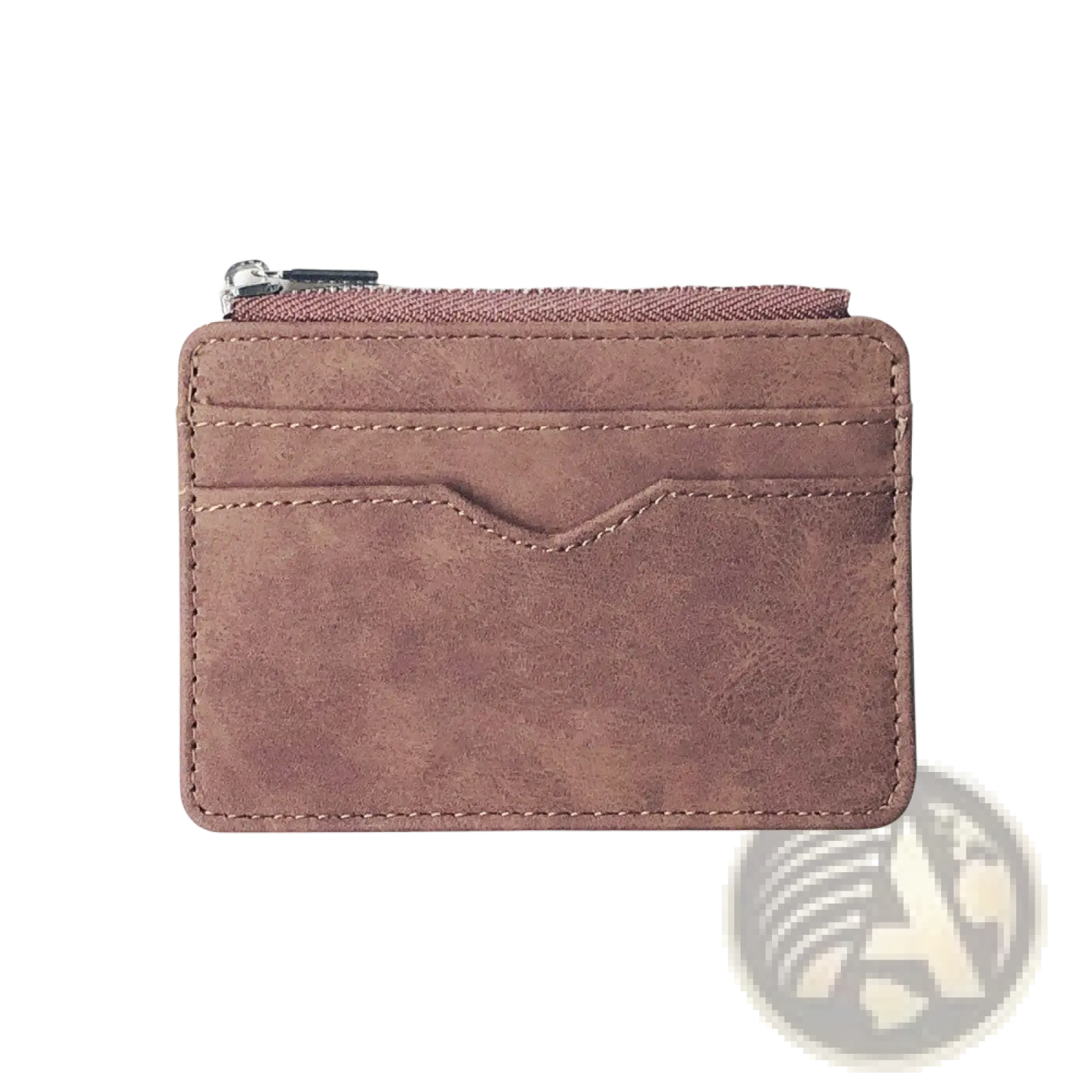 A dusty rose pu leather zippered card holder wallet for men with textured surface and stitched card slots