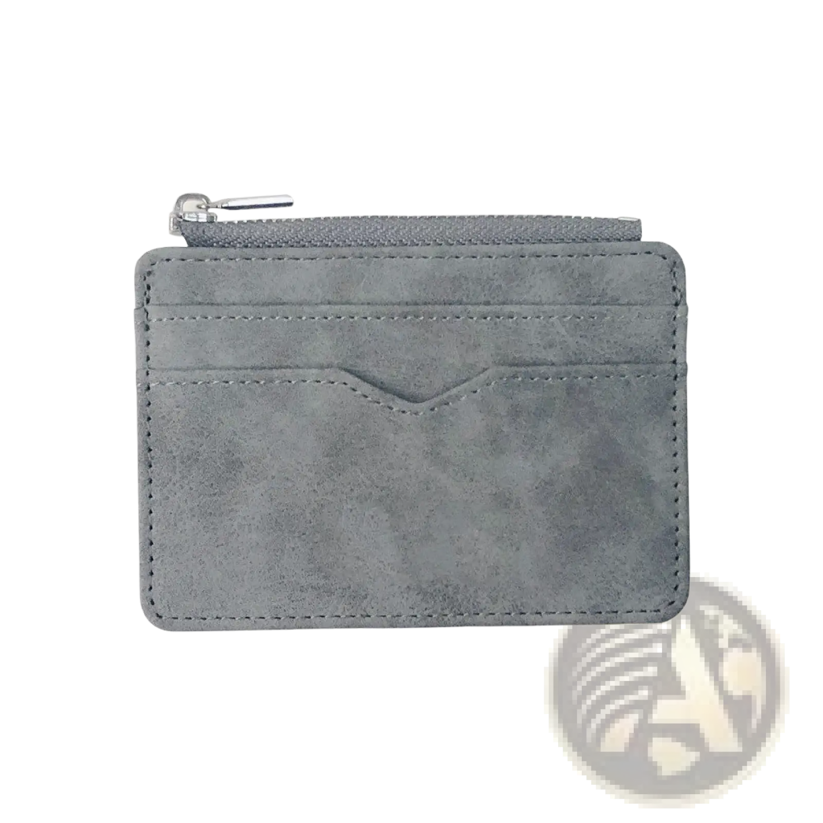 Gray textured pu leather zippered card holder wallet for men with silver zipper and stitched card slots