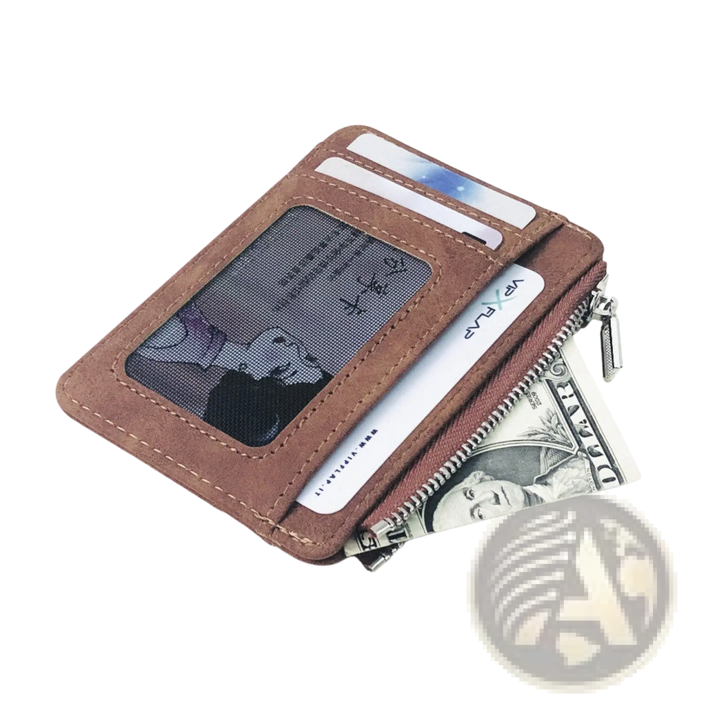 Brown pu leather zippered card holder wallet for men with multiple card slots and secure zippered compartment