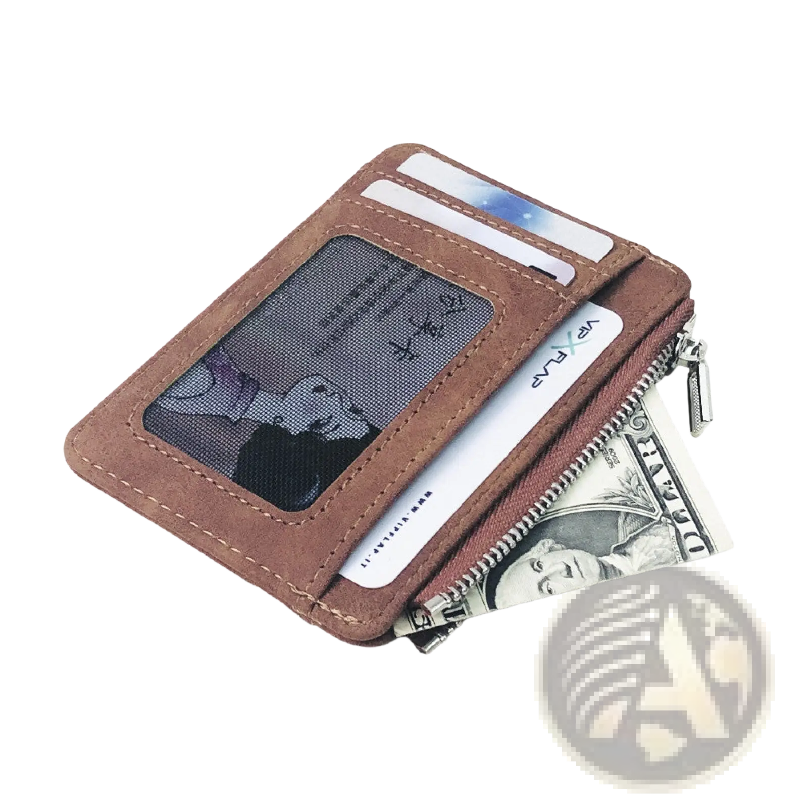 Brown pu leather zippered card holder wallet for men with multiple card slots and secure zippered compartment