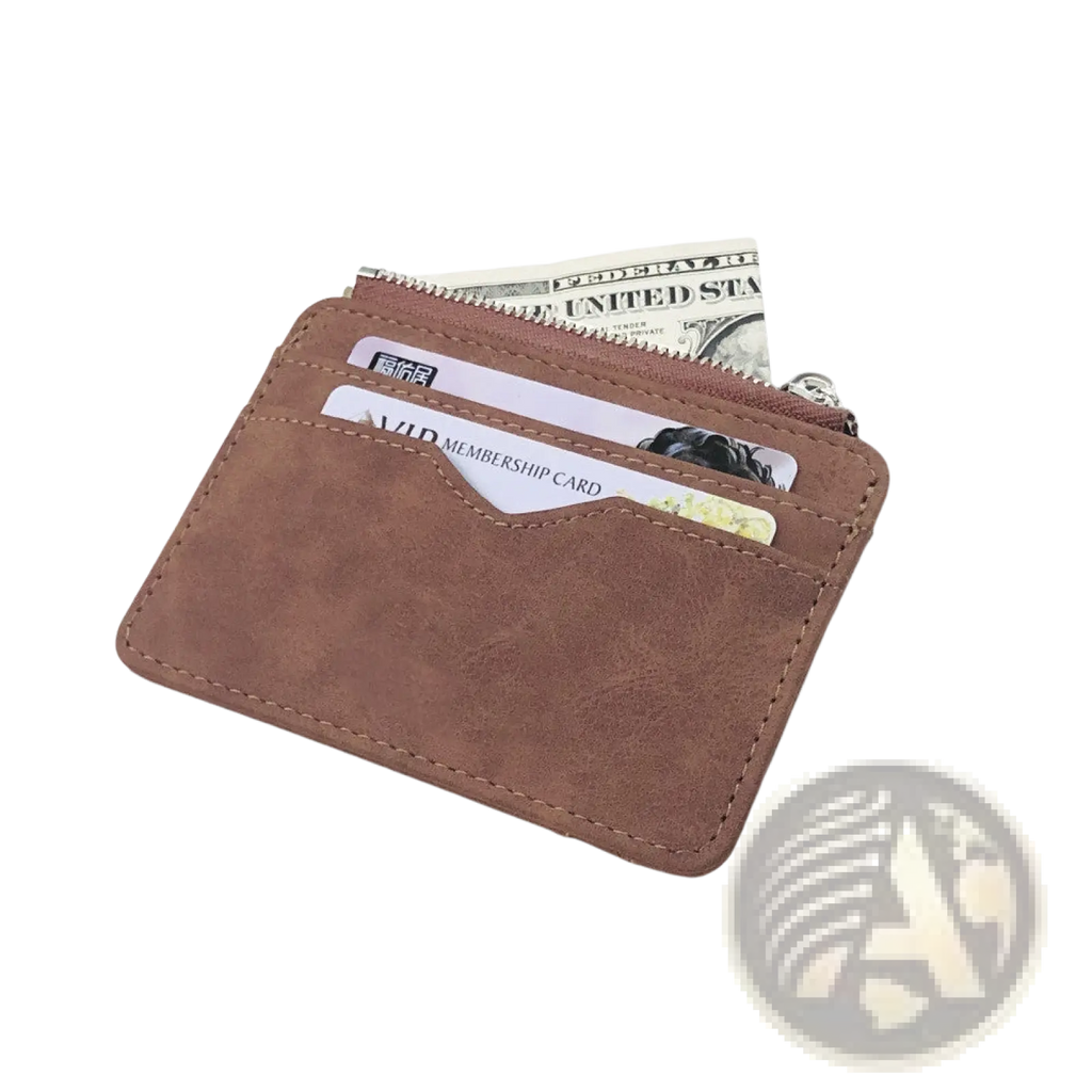 Brown pu leather zippered card holder wallet for men with visible stitching and secure zipper closure