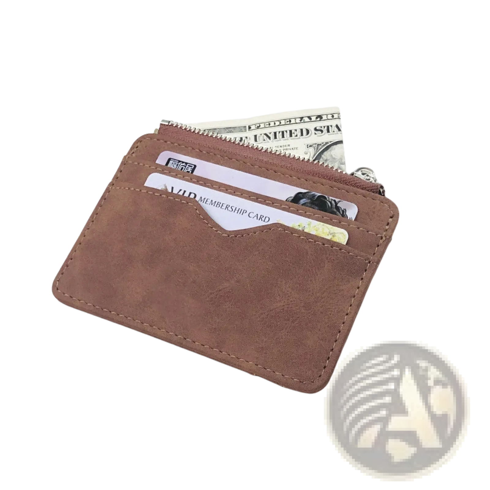 Brown pu leather zippered card holder wallet for men with visible stitching and secure zipper closure