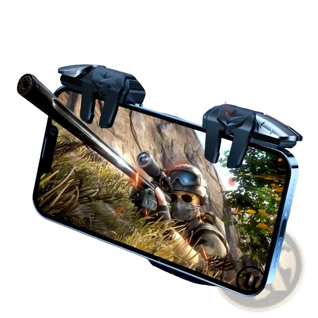 Black plastic pubg mobile gaming trigger controller with textured surface and ergonomic design for iphone and android