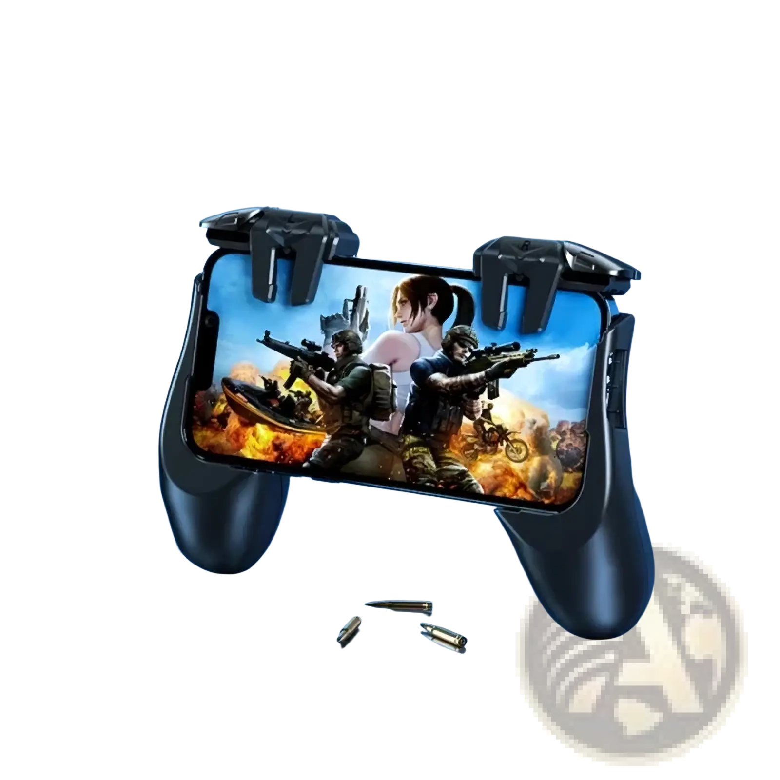 Black plastic pubg mobile gaming trigger controller attachment for iphone and android with ergonomic handles enhancing grip