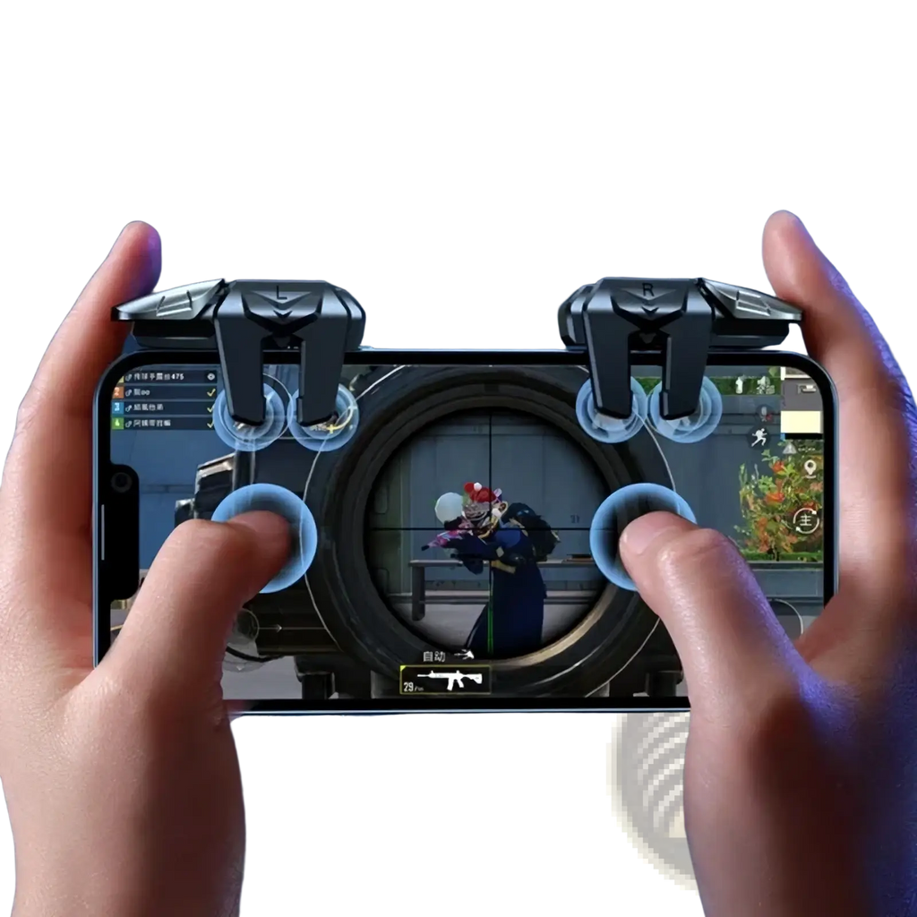 Black plastic pubg mobile gaming trigger controller with blue circular buttons for iphone and android smartphone use