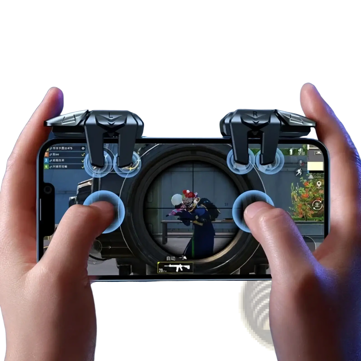 Black plastic pubg mobile gaming trigger controller with blue circular buttons for iphone and android smartphone use