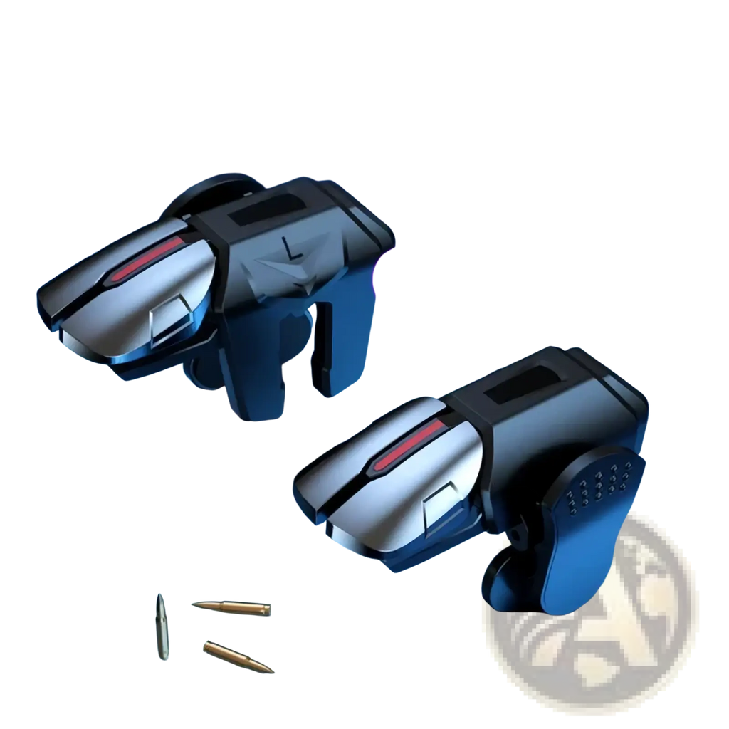 Black and silver pubg mobile gaming trigger controller for iPhone and Android with red accents and mechanical shaft design