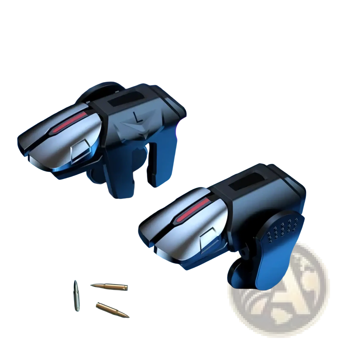 Black and silver pubg mobile gaming trigger controller for iPhone and Android with red accents and mechanical shaft design