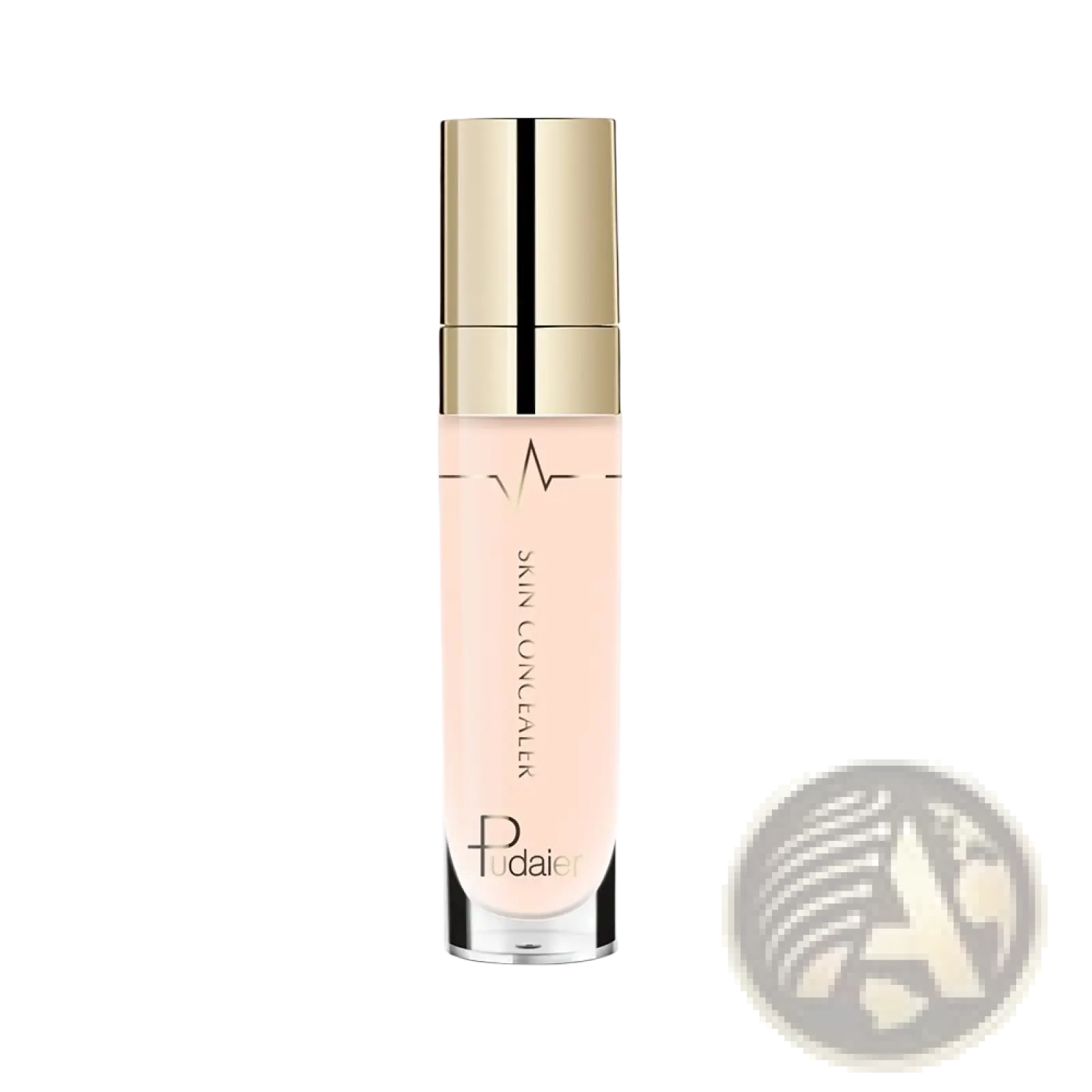 A sleek transparent pudaiier full coverage liquid concealer bottle with a gold cap and black accent band 5ml
