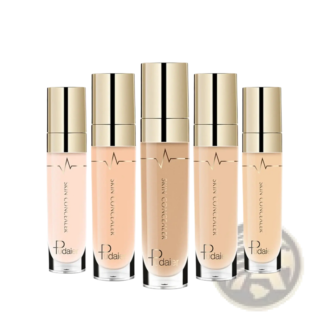 Five elegant gold-topped glass bottles of Pudaier full coverage liquid concealer in varying beige shades with black stripes