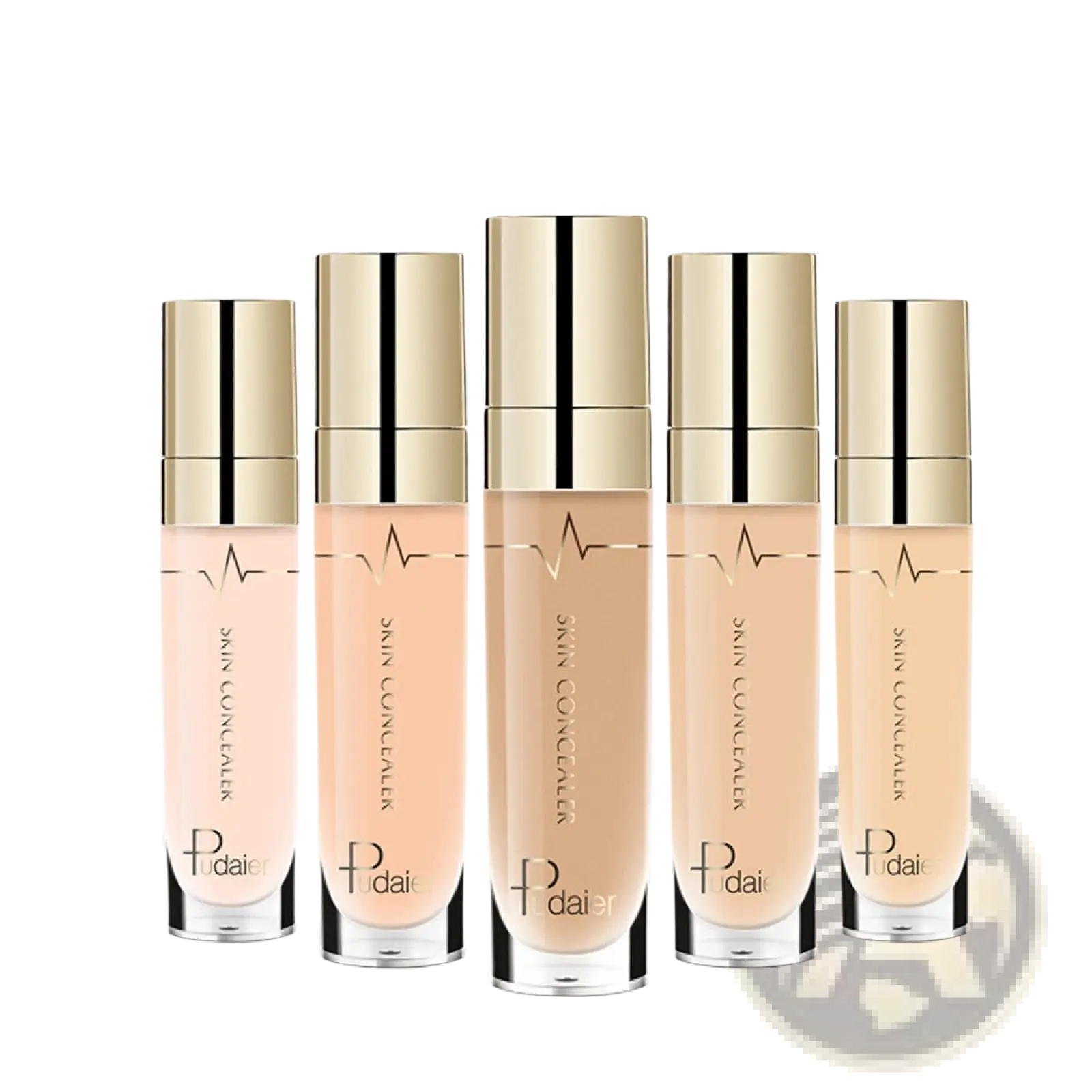 Five elegant gold-topped glass bottles of Pudaier full coverage liquid concealer in varying beige shades with black stripes