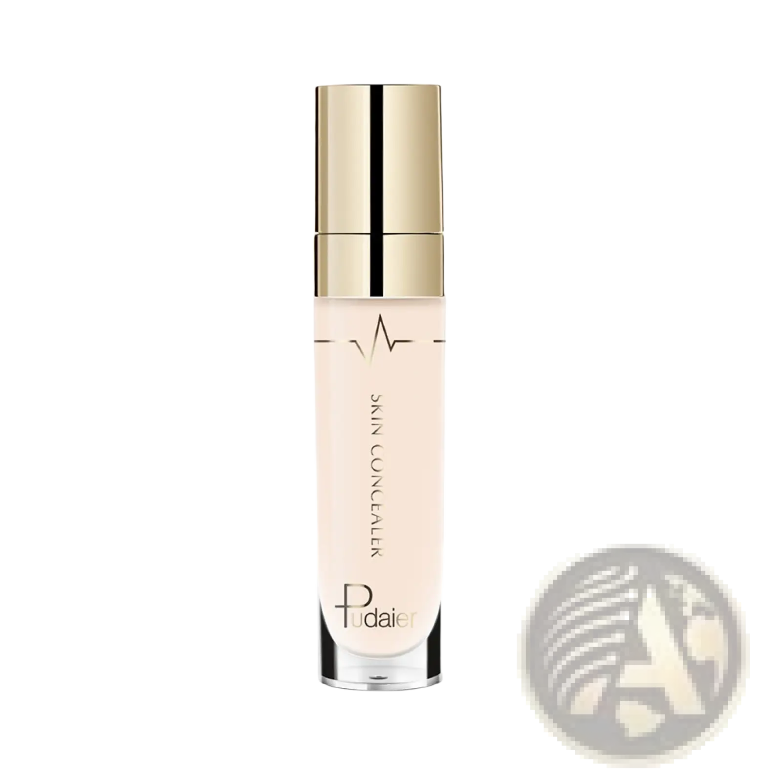 A sleek transparent glass bottle with gold cap and black stripe containing light beige pudaier skin concealer