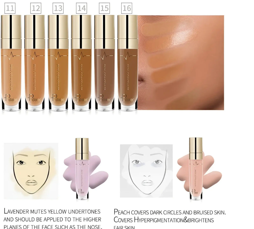Six gold-topped clear glass bottles of pudaier full coverage liquid concealer in varying brown shades displayed with swatches