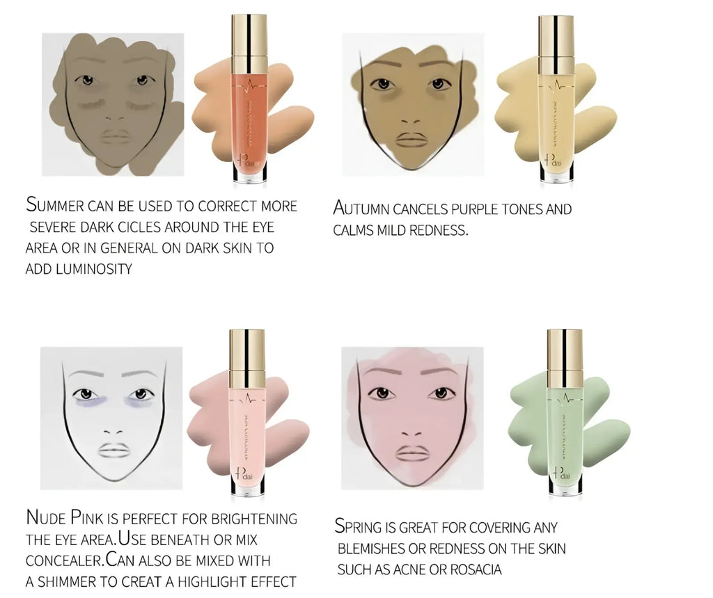 Pudaier full coverage liquid concealer makeup 5ml in glass bottles with gold caps in peachy orange beige nude pink and greenish blue