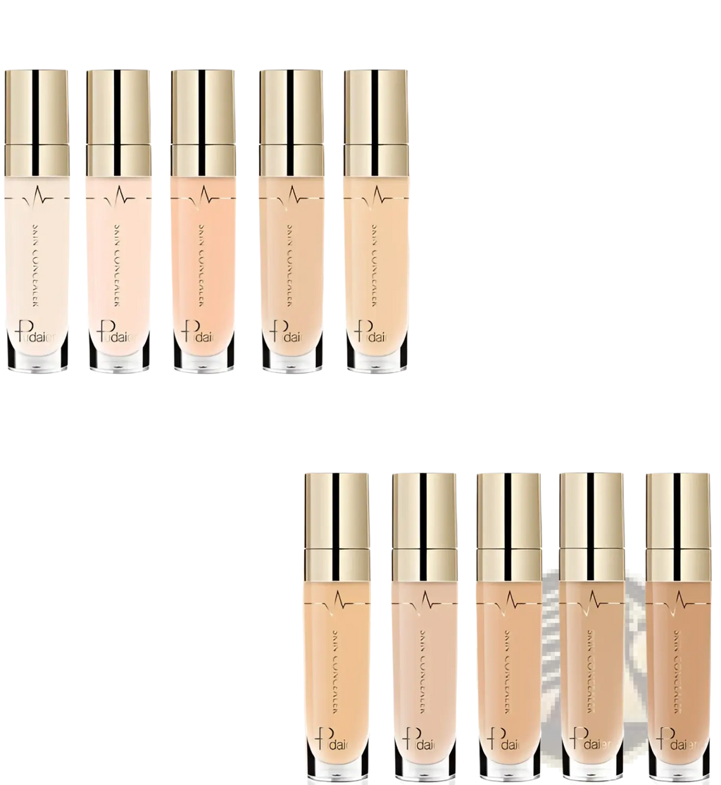 Five gold-topped clear glass bottles of Pudaier full coverage liquid concealer in beige shades with swatches on skin