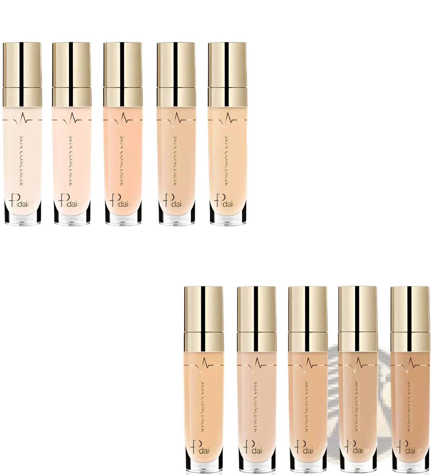 Five gold-topped clear glass bottles of Pudaier full coverage liquid concealer in beige shades with swatches on skin