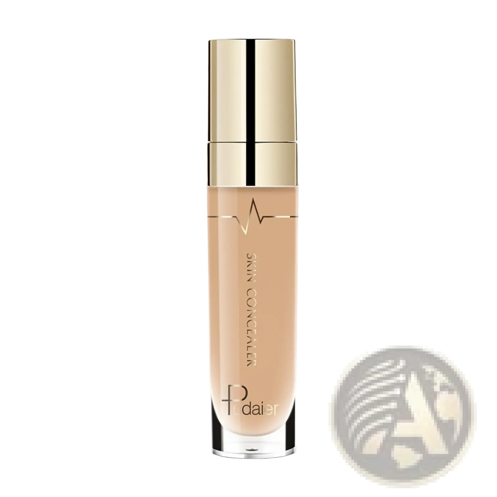 A sleek transparent bottle with gold cap contains beige pdai er pudaier full coverage liquid concealer makeup 5ml