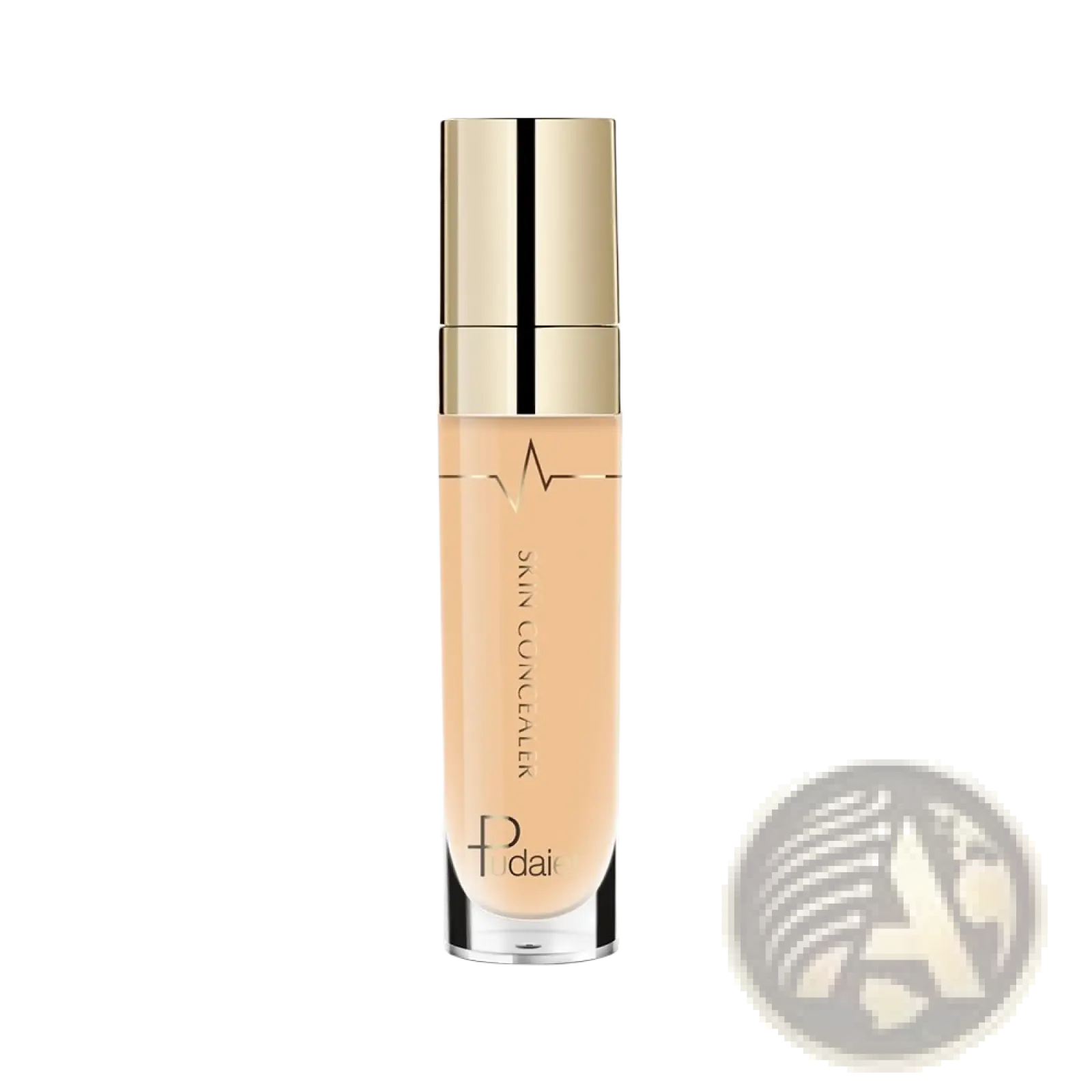 A sleek transparent bottle with a gold cap and black stripe contains beige skin concealer by fdai Pudaier full coverage