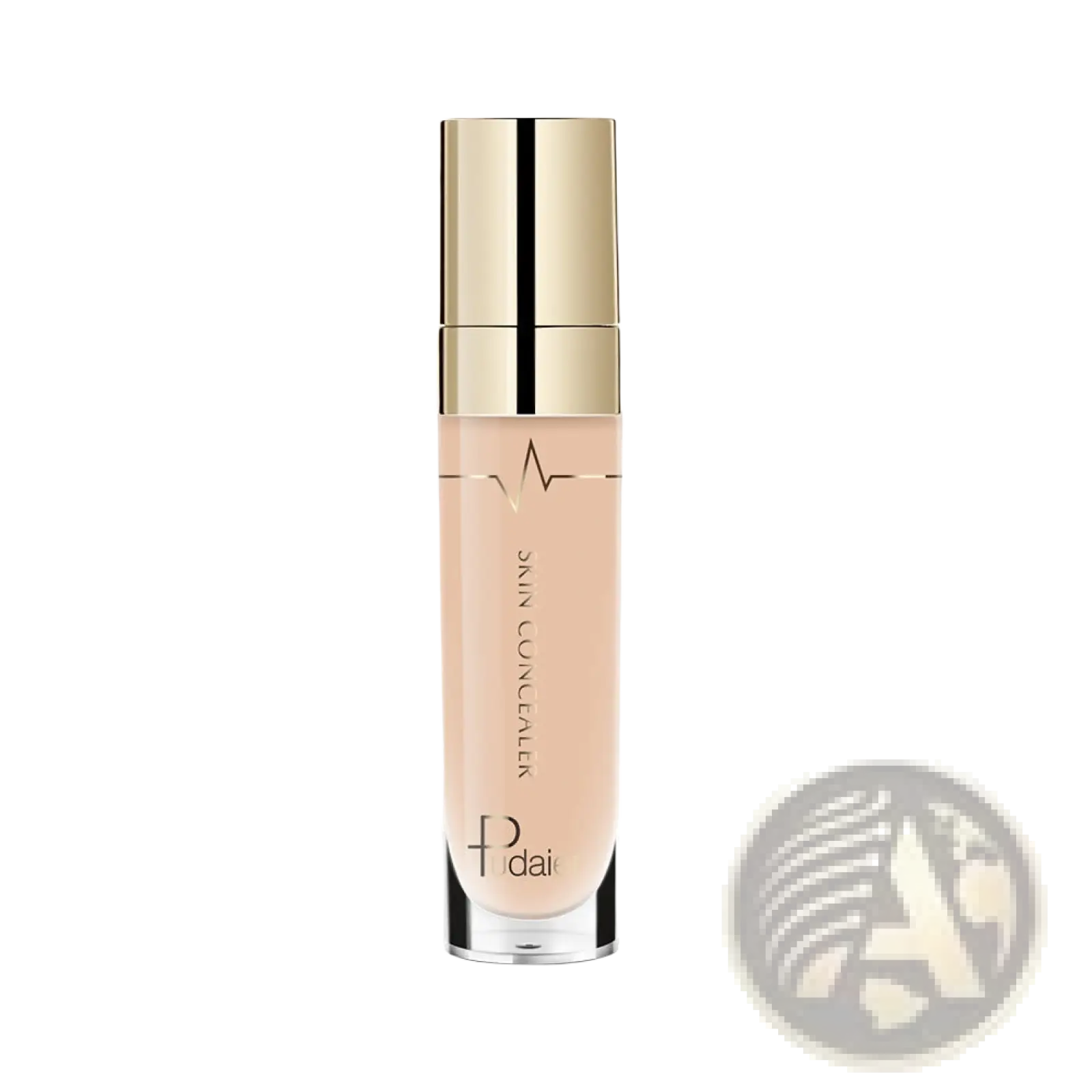 A sleek transparent glass bottle of pudaier full coverage liquid concealer 5ml with gold cap and black stripe containing beige skin concealer