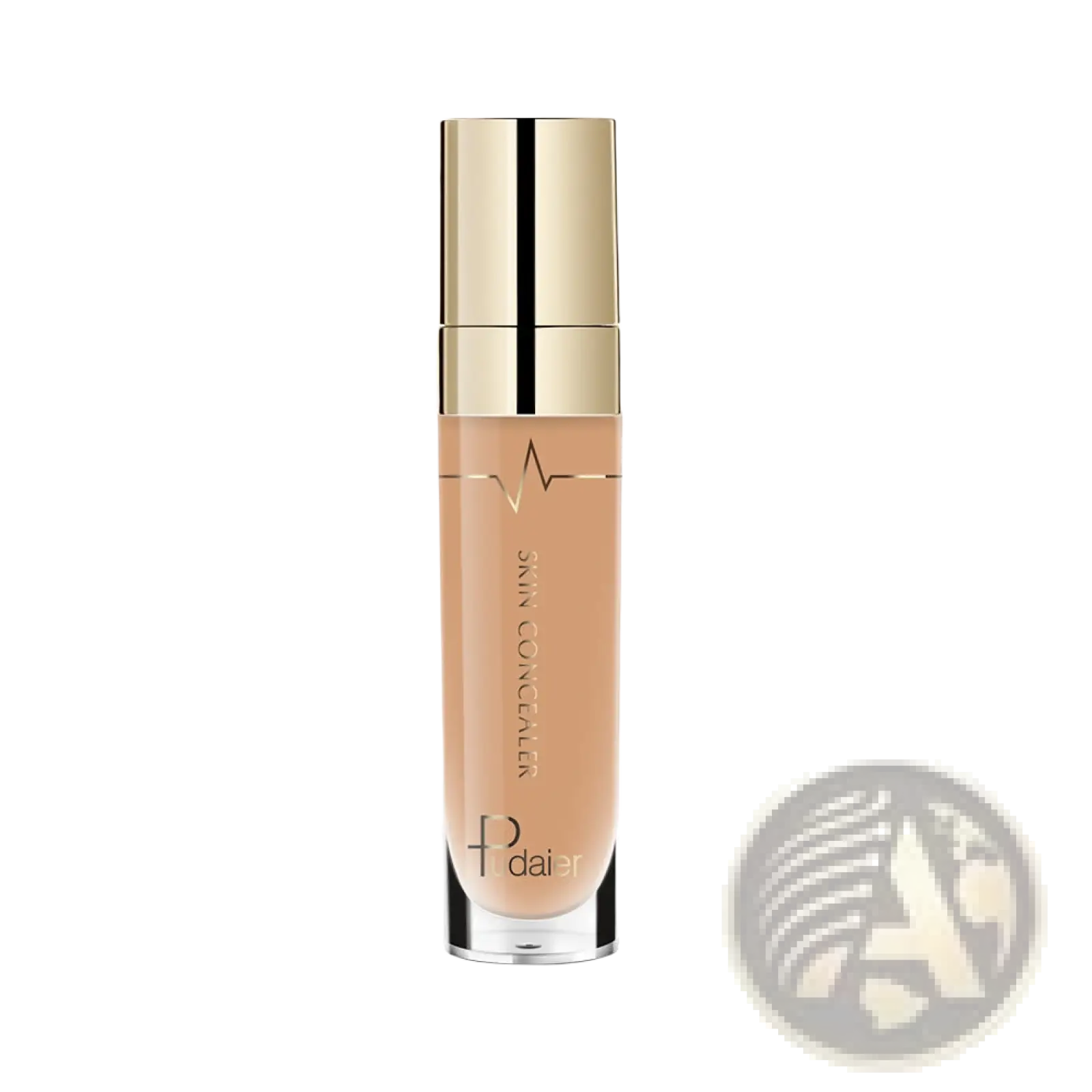 A sleek transparent bottle of Pudaier full coverage liquid concealer with a gold cap and light beige foundation