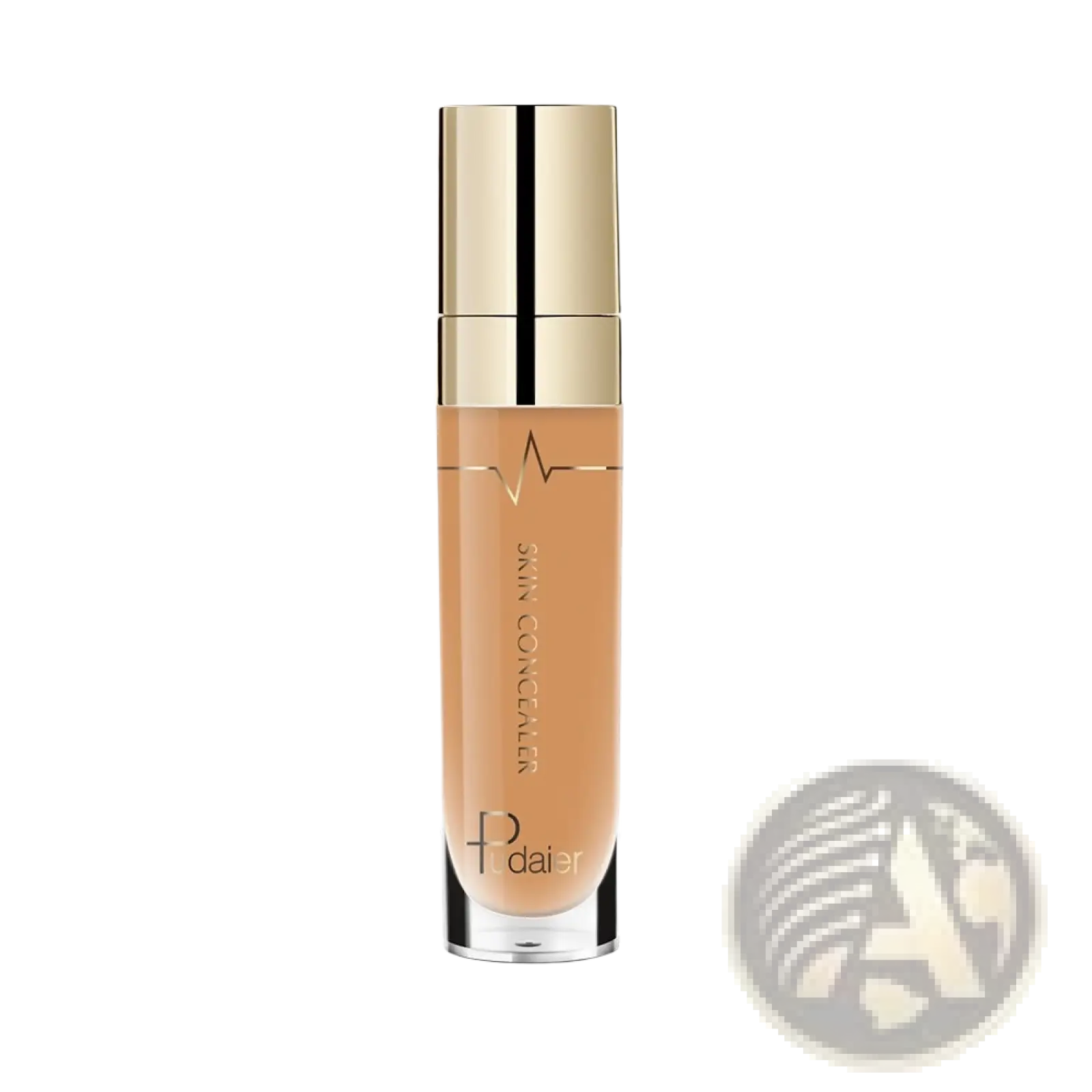 A sleek transparent bottle with gold cap and black stripe contains beige pudaier full coverage liquid skin concealer